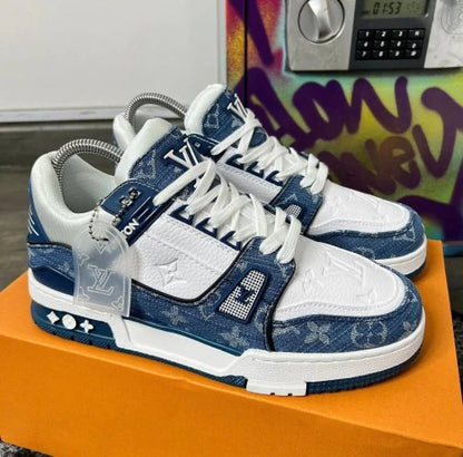 Louis Vuitton Blue/White Leather and Denim LV Trainer