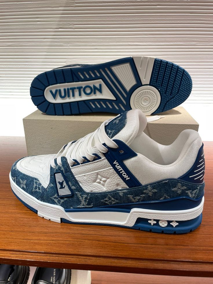 Louis Vuitton Blue/White Leather and Denim LV Trainer